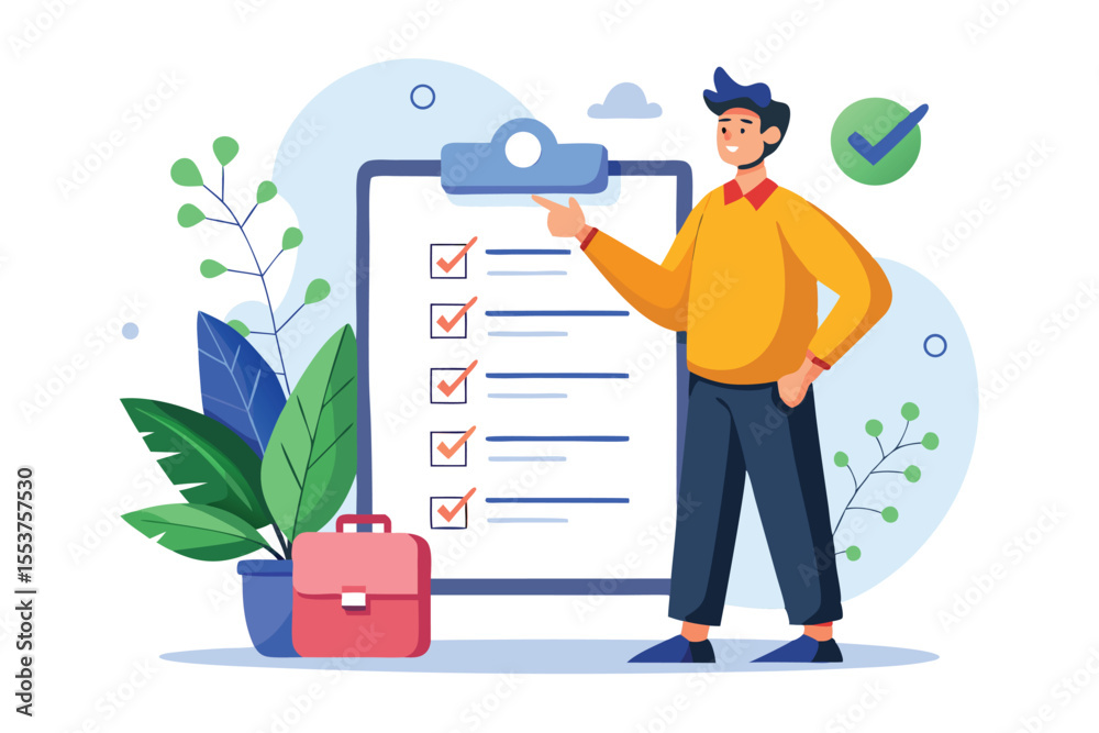 Poster man stands next to checklist on clipboard while showcasing completed tasks with plants in a modern w