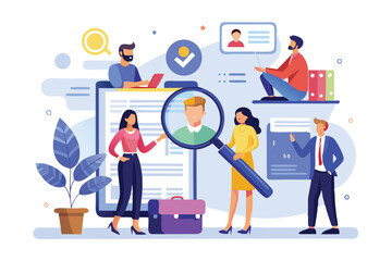 Recruitment process involving candidates and team members reviewing applications in a modern office setting