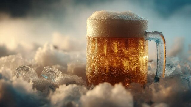 Ice cold mug of beer with a thick foam head, sitting in a pile of fresh snow and ice. Frosty and refreshing alcoholic beverage concept for winter or a celebration.

