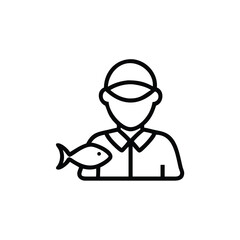 Line drawing of a person wearing a cap and shirt holding a fish on background fisherman