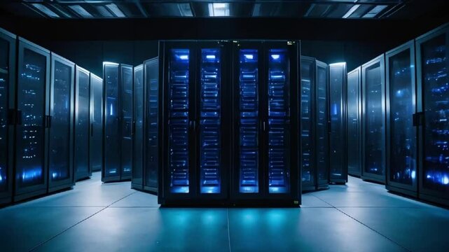 Data Center Racks with Cool Blue Lighting
