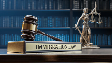 Immigration Law: Judge's Gavel as a symbol of legal system, Themis and wooden stand with text word on the background of books
