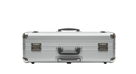 Stylish silver briefcase isolated on a black background, perfect for business or travel needs.