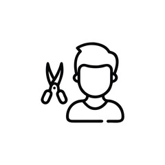Line art of person with blank face and scissors on background hair haircut