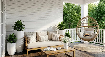Fototapeta premium Cozy outdoor patio features comfortable furniture plants and a hanging swing chair perfect for relaxing on a sunny day