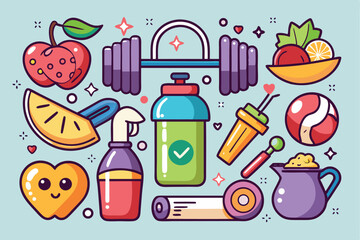 Colorful collection of weight training, yoga, and pilates stickers featuring dumbbells and healthy foods like fruits and drinks for fitness enthusiasts