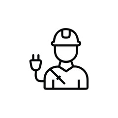 Line art electrician with hard hat holding a plug on a background worker