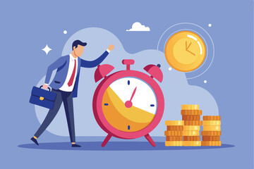 Businessman investing time and money with attention to urgency while approaching a large alarm clock and stacks of coins in an engaging financial setting