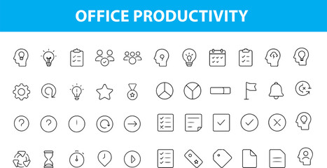 Office Productivity Line Icons , Time Management, Teamwork, Task List, Growth Chart, Focus, Briefcase, Collaboration, and More,  Editable Formats: AI, EPS, JPG, PNG,  Ideal for Both Digital and Print 