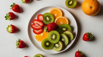 Naklejka premium Flat Lay of Colorful Fruit on White Plate – Top View