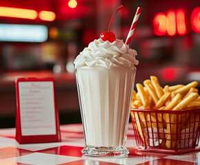 A strawberry milkshake and a basket of french fries on a table in a brightly lit, retro American diner.