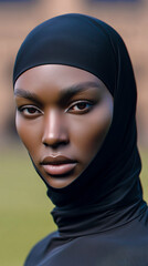 Black woman wearing an all-black outfit with a hijab, standing in the middle of an outdoor runway.