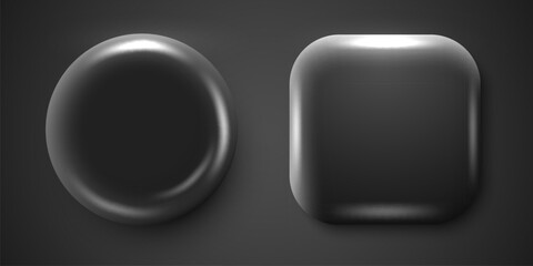 3d Realistic Round and Square Black Plastic, Blank Empty Glossy Button Badge Set Isolated. Front View. Top View. Template for Branding, Mock-up.
