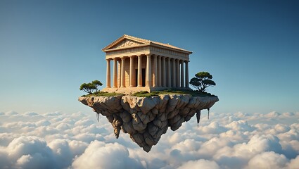Ancient temple floating above clouds representing concept of paradise and idealism