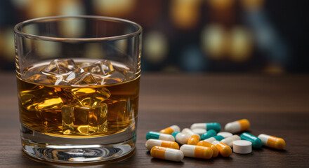 Liquor and pills on table