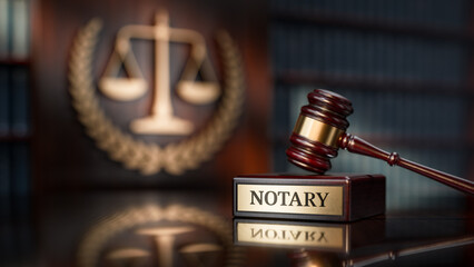 Notary: Judge's Gavel as a symbol of legal system and wooden stand with text word