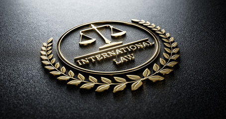 International Law: Golden Icon with Scales of Justice and text. Legal Concept