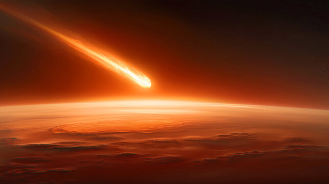 A bright comet streaks across the Martian sky, illuminating the hazy landscape below. Colonization efforts aim to establish bases and nurture plant life in this otherworldly environment
