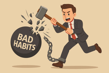 Businessman breaking free from bad habits, smashing heavy ball and chain with hammer, overcoming addiction, self improvement, motivation, determination, personal growth, vector illustration