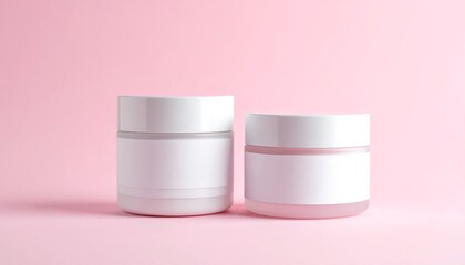 Two White Cosmetic Jars With Blank Labels On Pink Background Studio Shot