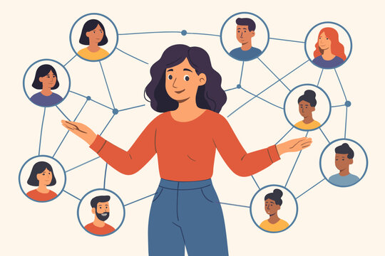 Diverse business network connection concept. Teamwork, communication, social media, human resources, leadership, professional relationships, collaboration, networking, digital community illustration