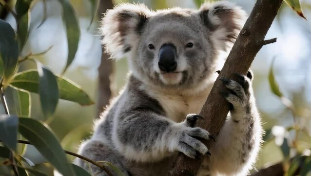  koala grisáceo aferrado a una rama de eucalipto