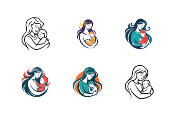 mother and baby stylized symbol mom hugs her child vector art