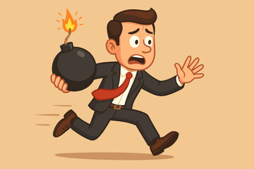 Stressed businessman running with lit bomb cartoon. Deadline pressure, urgent crisis, risk management, business stress, danger, time management, panic, emergency, vector illustration