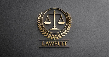 Lawsuit: Golden Icon with Scales of Justice and text. Legal Concept