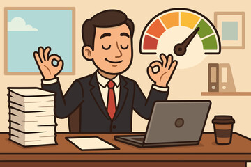 Cartoon businessman in suit at office desk with laptop, coffee, paperwork, showing OK hand gesture, high productivity meter, stress management, workplace efficiency, positive work environment