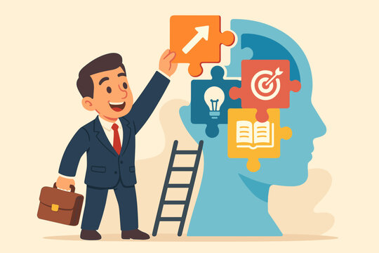 Businessman enhancing professional skills and knowledge, career growth, personal development, learning new abilities, achieving goals, motivation, success, vector illustration, no text
