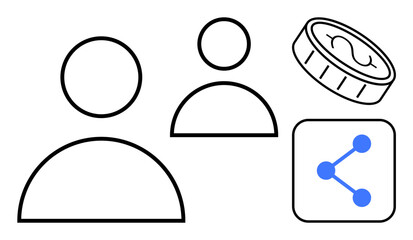 Outlines of two persons, a coin with a dollar sign, and a sharing icon in blue. Ideal for teamwork, connection, resources, finance, networking, collaboration simple landing page