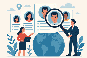 Global recruitment process, HR team searching for candidates, diverse employee profiles, talent acquisition, human resources management, job interview, staff selection, career opportunity