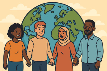 Diverse People Holding Hands in Unity, Multicultural Group Standing Together in Front of Globe, International Friendship, Inclusion, Solidarity, Teamwork, Peace, Equality, Vector Illustration