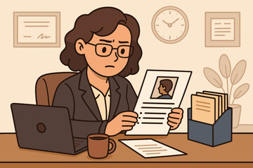 Human resources manager reviewing resume for job vacancy. Recruitment process, candidate selection, HR interview, hiring decision. Office workplace, laptop, paperwork. Vector illustration