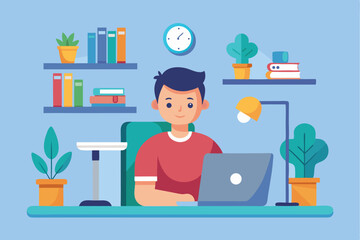 Home office setup featuring a student engaged in remote work at his desk with plants, books, and a clock showing the time