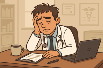 Stressed exhausted doctor sitting at desk in medical office, overwhelmed with paperwork and patient workload, burnout in healthcare, cartoon vector illustration, hospital stress, physician fatigue
