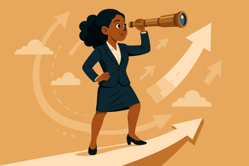 Visionary businesswoman in suit using telescope to look ahead, standing on upward arrow, symbolizing leadership, strategic planning, future opportunities, business growth, success, ambition, foresight