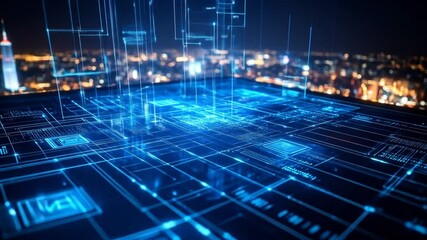 Futuristic High-Tech Grid Overlay Cityscape, Representing Digital Infrastructure - Powered by Adobe