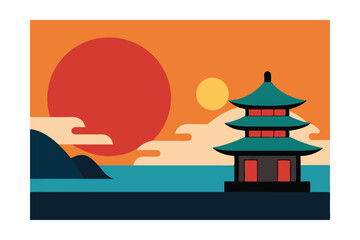 Serene Sunset Minimalist Pagoda Landscape Illustration
