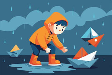 Child plays joyfully with colorful paper boats in a puddle during a rainy day, capturing the essence of childhood wonder and imagination