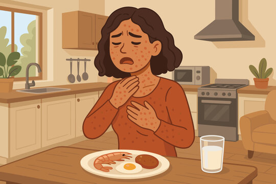 Food Allergy Reaction Concept. Woman with Skin Rash and Hives After Eating Allergenic Foods Like Shrimp, Egg, Milk. Anaphylaxis Symptoms at Home Kitchen. Vector Illustration for Allergy Awareness