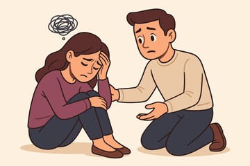 Man comforting sad woman with anxiety and depression. Concept of support, empathy, and care. Friend giving helping hand for mental health problem, stress, and grief. Psychology vector.