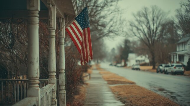 Rustic American flag hangs on weathered porch, quiet suburban street, autumn mood.