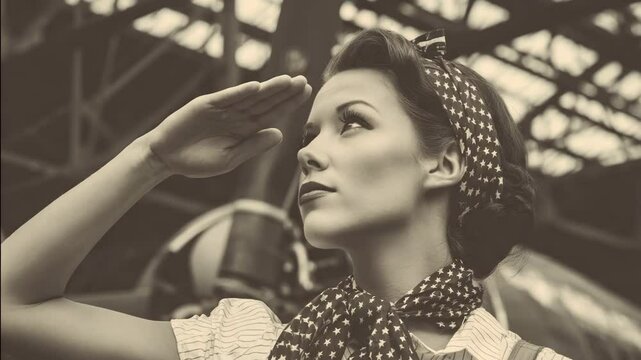 Patriotic 1940s pin-up woman saluting in front of a vintage airplane. Sepia-toned retro portrait honoring military service, evoking a sense of WWII era nostalgia.

