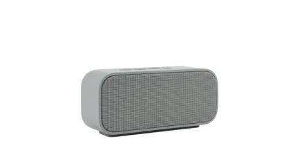 A sleek, gray portable Bluetooth speaker perfect for enjoying music on the go.
