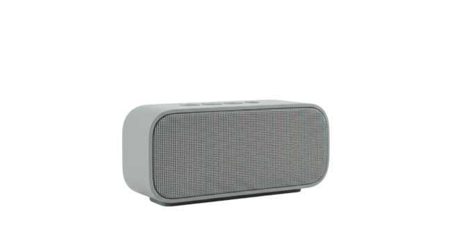 A sleek, gray portable Bluetooth speaker perfect for enjoying music on the go.