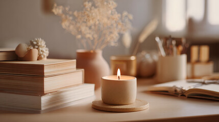 Cozy Workspace with Books, Candle and Minimal Decor at Warm-toned desktop with stacked books, a lit candle in a ceramic holder, and neutral decorative items. Soft focus.