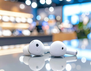 Naklejka premium White Wireless Earbuds on Reflective Surface in a Modern Store