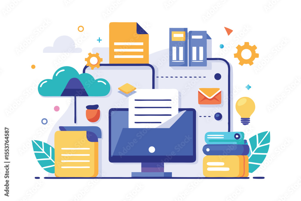 Poster file management concepts presented through colorful design elements, illustrating data filing admini